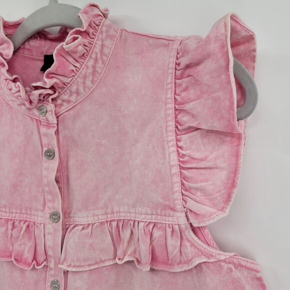 NWOT VICI Pink Ruffle Cap Sleeve Button Up Top Medium - Picture 6 of 10